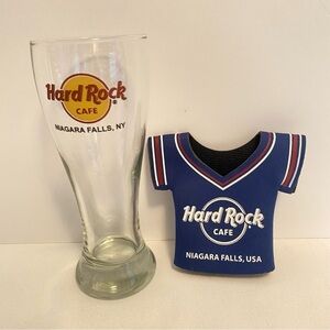 Hard Rock Cafe Niagara Falls Tall Pilsner Beer Glass and Beer Bottle Koozie